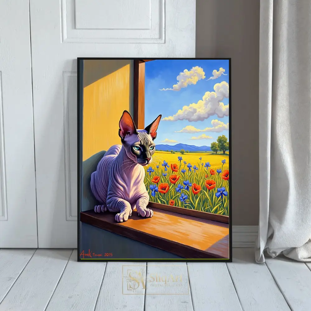 Sphynx Cat Window View Art - Vibrant Landscape & Wildflowers Canvas