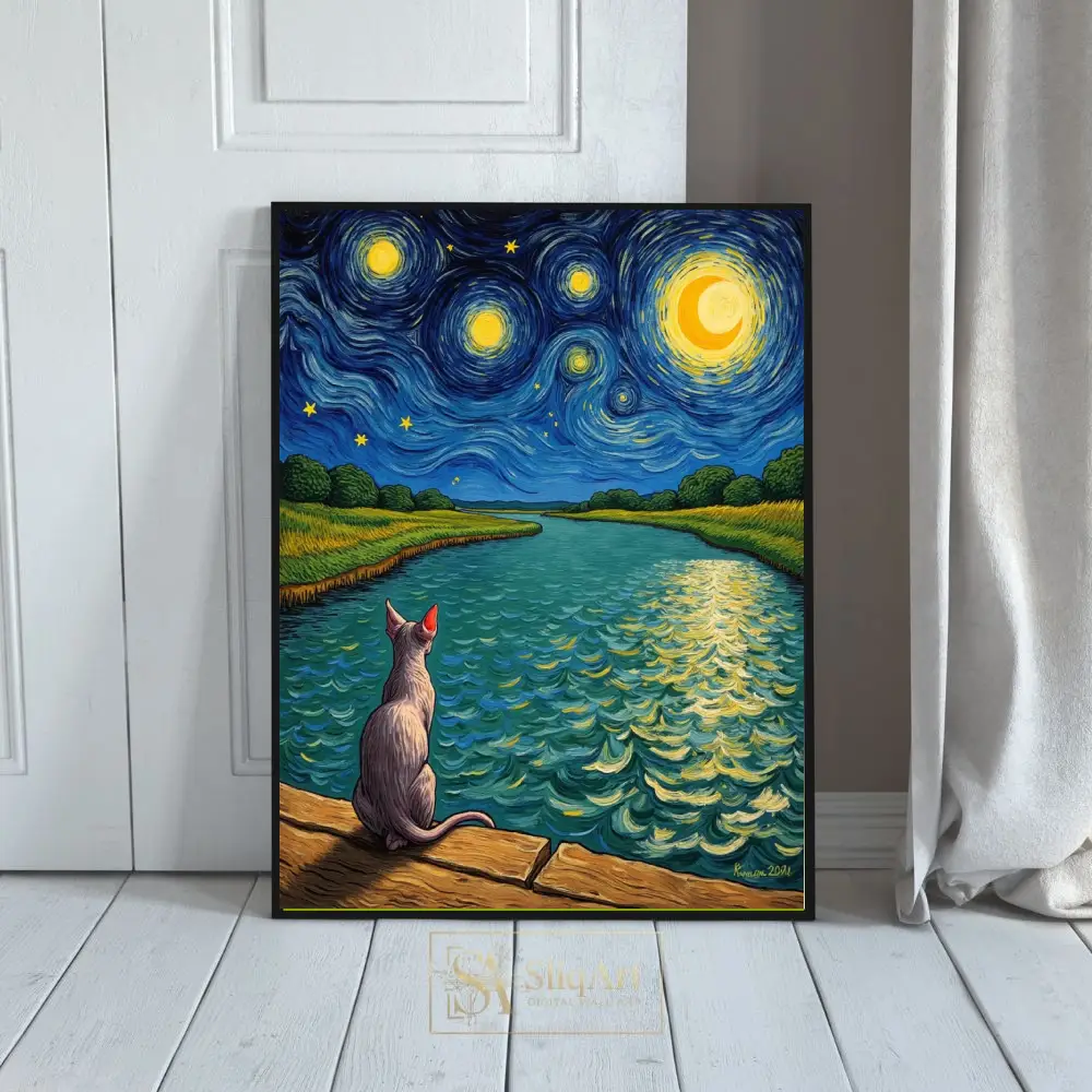 Sphynx Cat Starry Night Post-Impressionist Wall Art