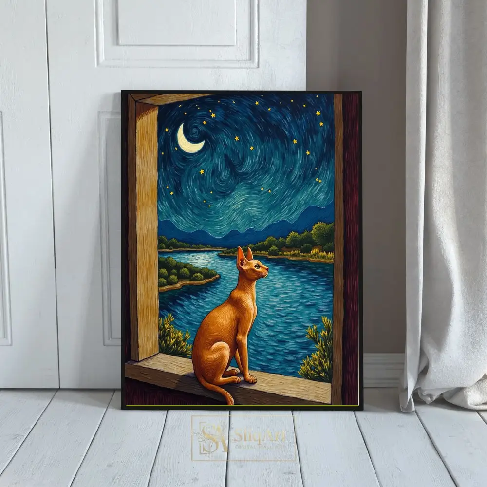 Sphynx Cat Starry Night Landscape Art Canvas Print