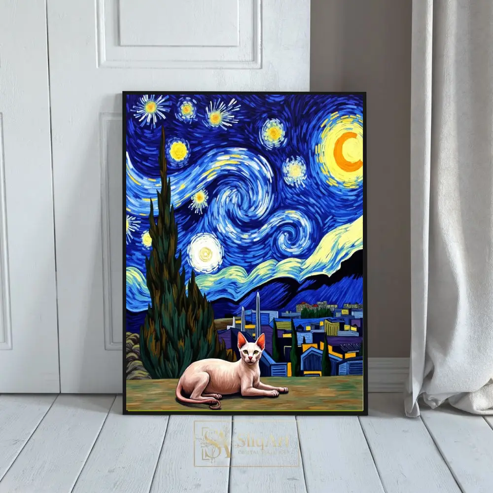 Sphynx Cat Starry Night Wall Art - Van Gogh Parody Canvas
