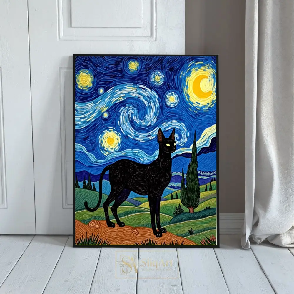 Starry Night Black Cat Canvas Art - Van Gogh Inspired Feline Decor
