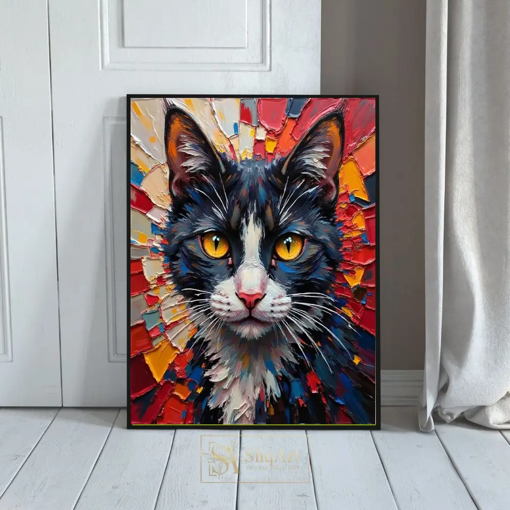 Vibrant Impasto Tuxedo Cat Portrait - Textured Feline Wall Art
