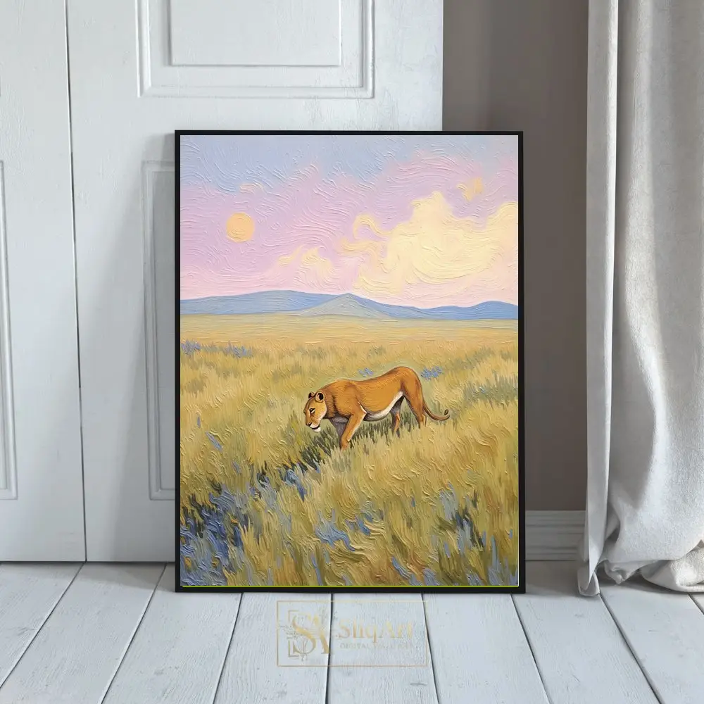 Lioness in Savanna Impasto Oil Painting Wall Art