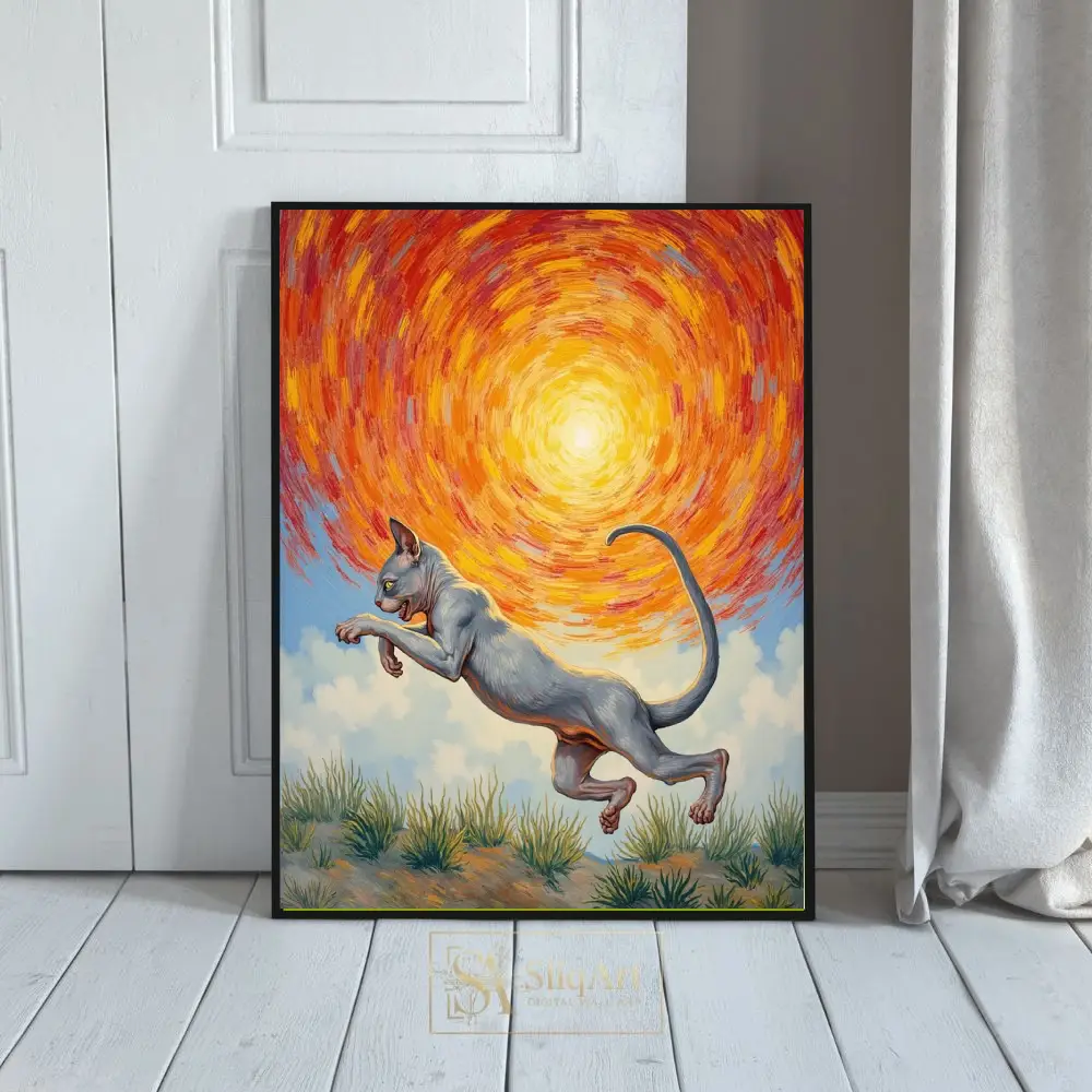 Celestial Leap: Surreal Hairless Cat Art Print