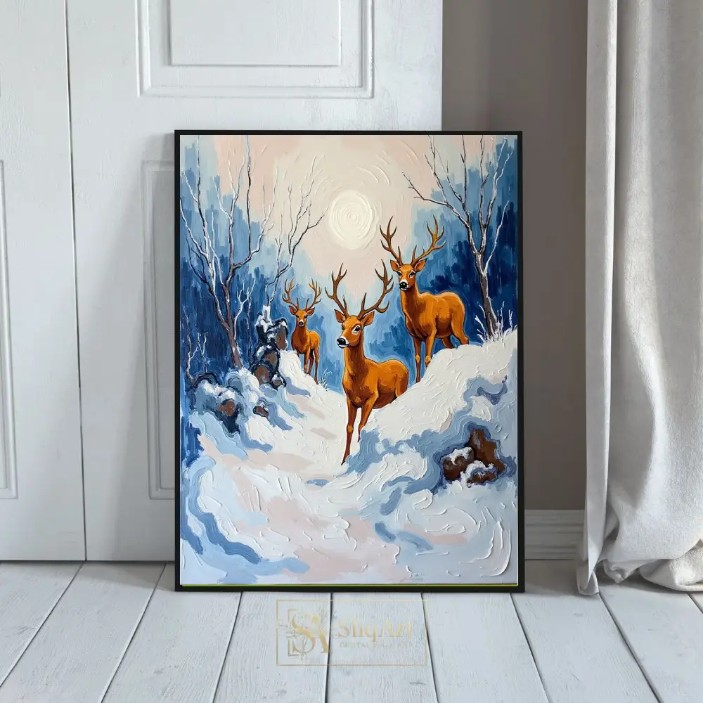 Majestic Winter Deer in Snowy Forest - Textured Oil Painting Wall Art