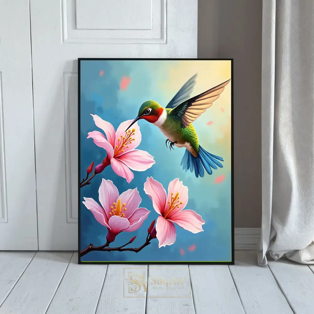 Vibrant Hummingbird and Pink Flowers Nature Art Print