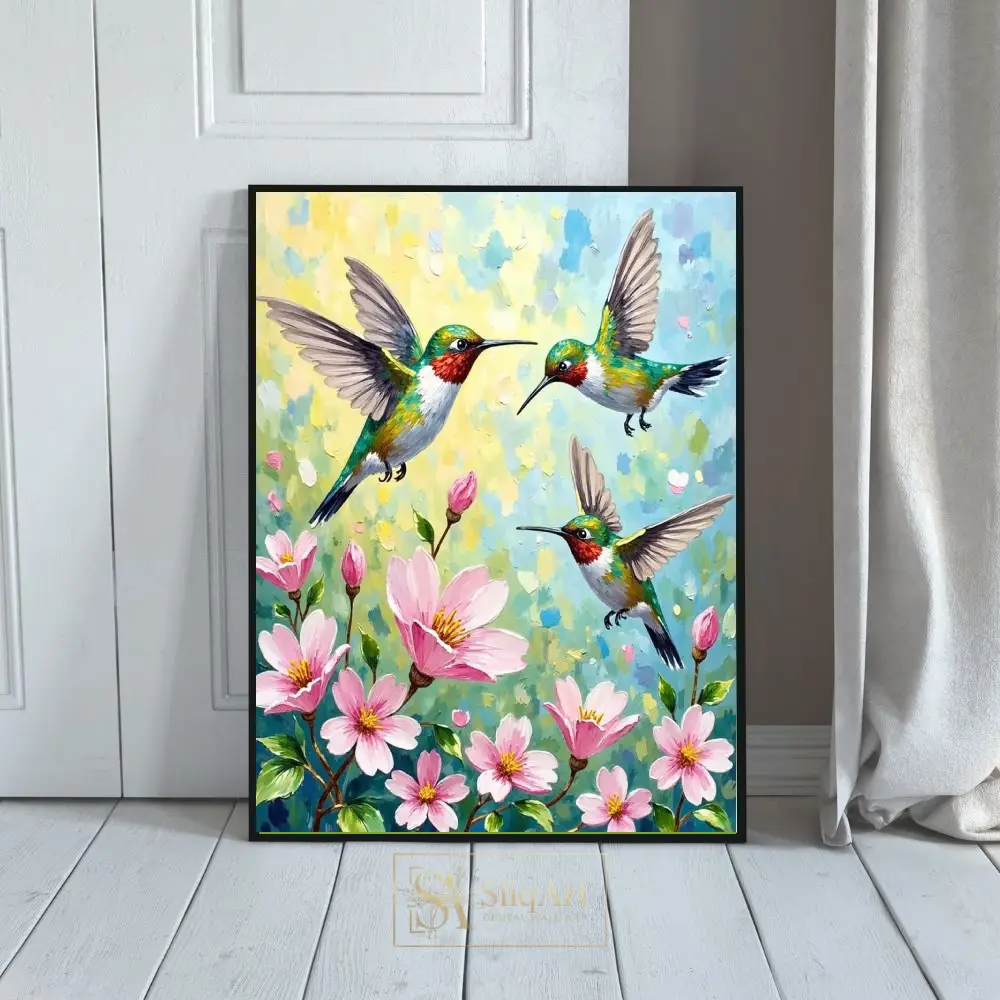 Vibrant Hummingbirds and Pink Blossoms Impressionist Wall Art