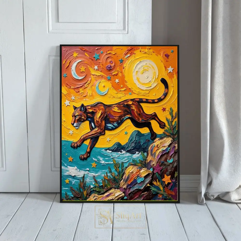 Celestial Prowl Cougar Impasto Art - Vibrant Wildlife Canvas