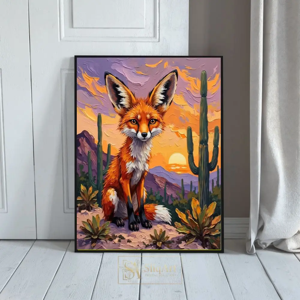 Vibrant Desert Fox at Sunset - Impasto Style Canvas Art