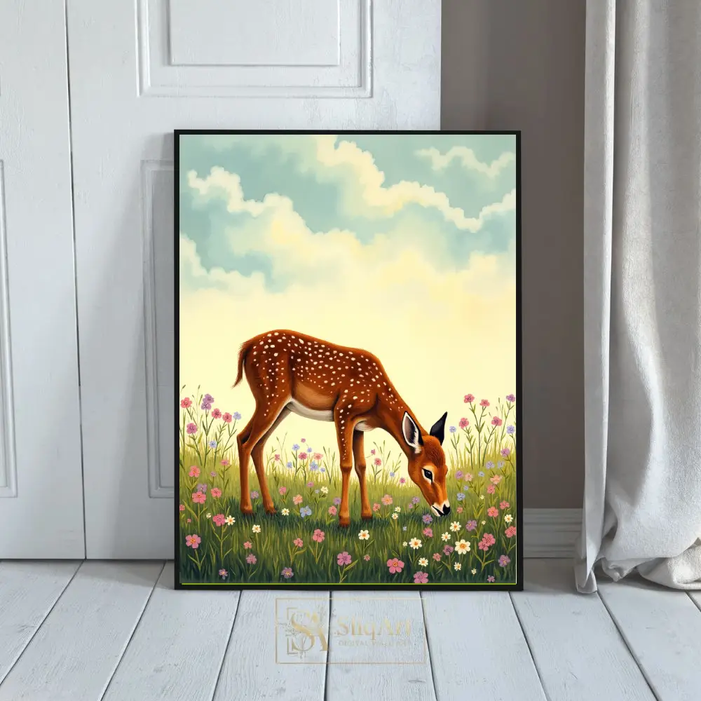 Whimsical Deer Fawn Meadow Wall Art - Woodland Animal Illustration