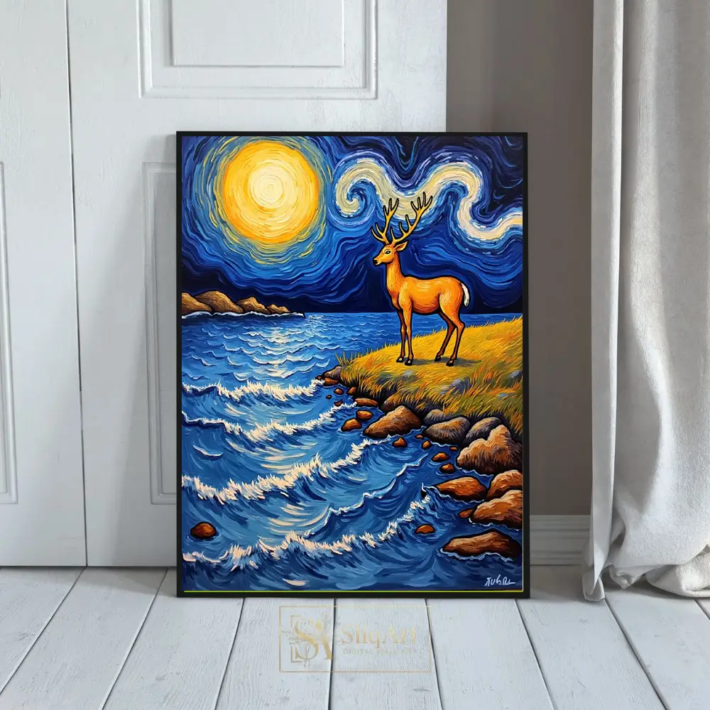 Celestial Stag Shoreline Wall Art - Van Gogh Inspired Nature Decor