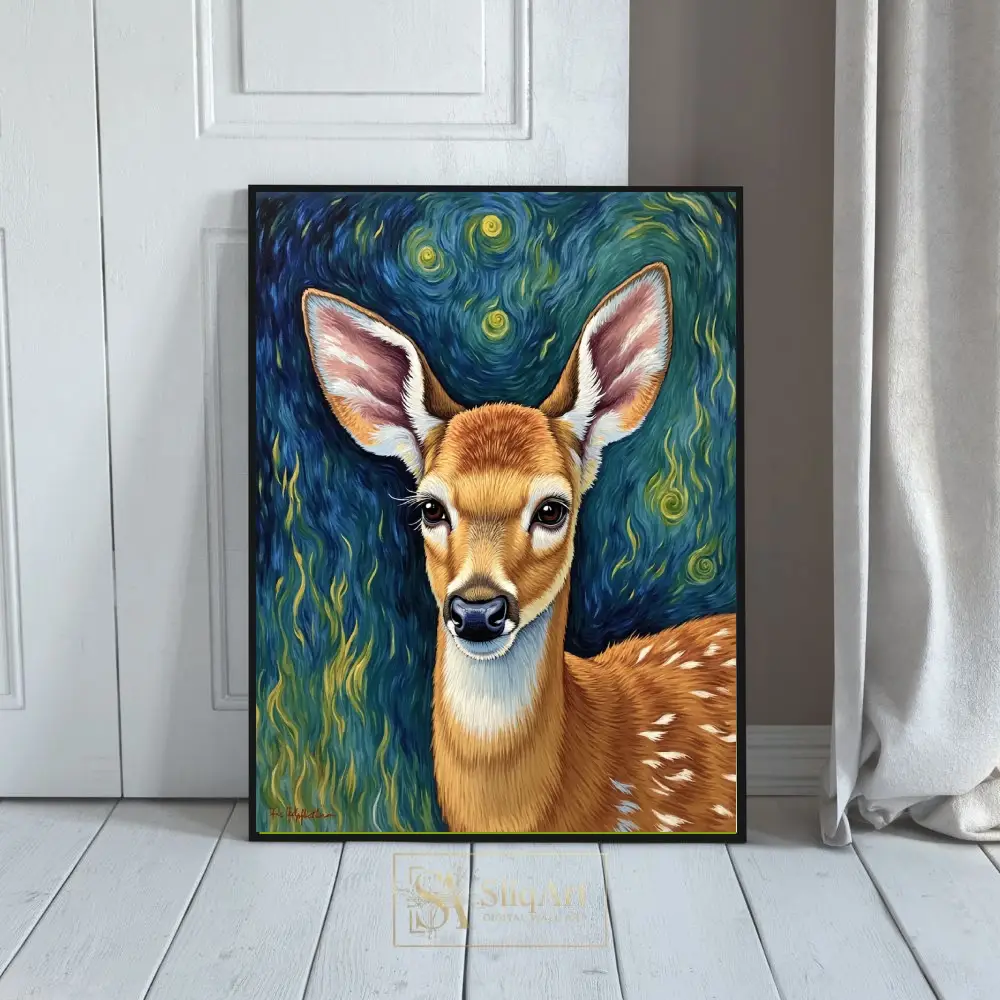 Celestial Fawn Starry Night Canvas Wall Art