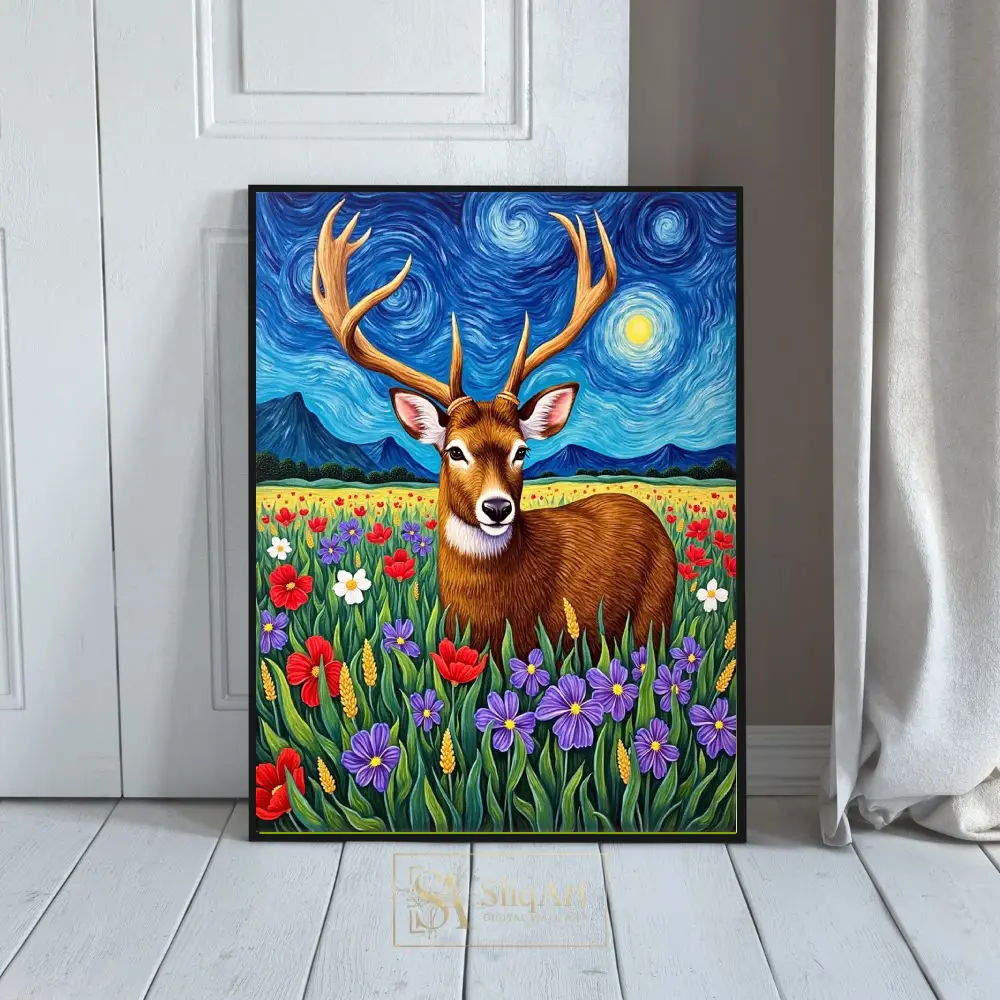 Van Gogh Inspired Deer in Wildflower Meadow Canvas Art