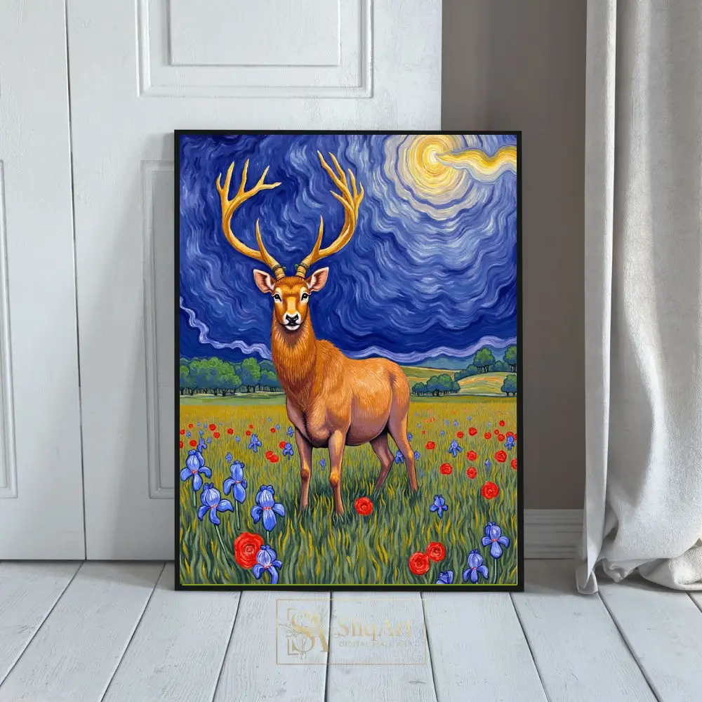 Majestic Stag in Starry Meadow Van Gogh Style Canvas Art