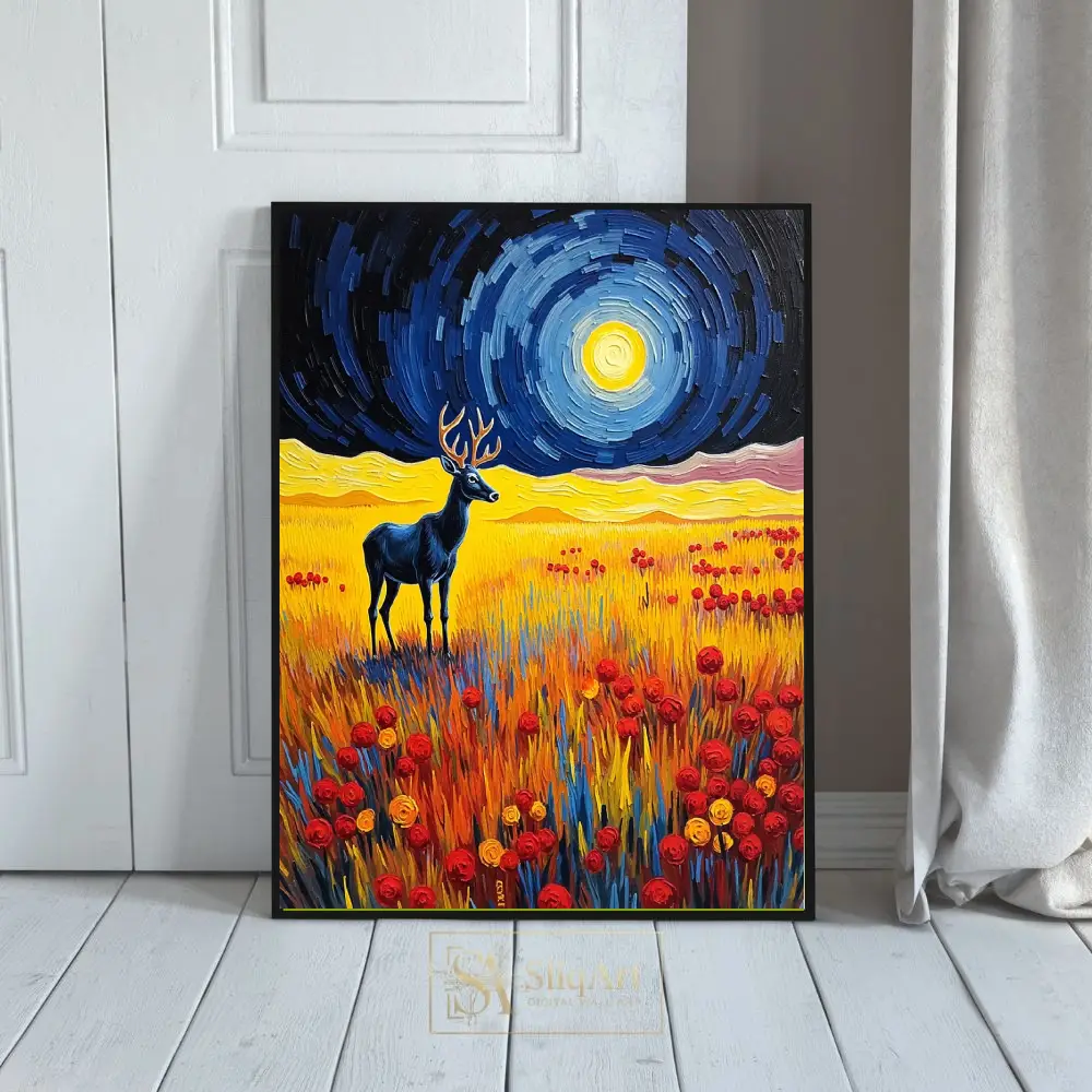 Celestial Buck in Poppy Field Wall Art - Impressionist Wildlife Decor