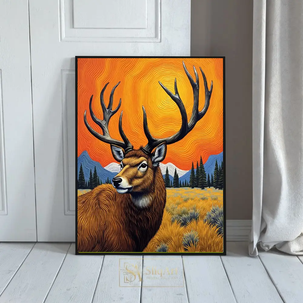 Majestic Stag at Sunset: Textured Wilderness Canvas Art