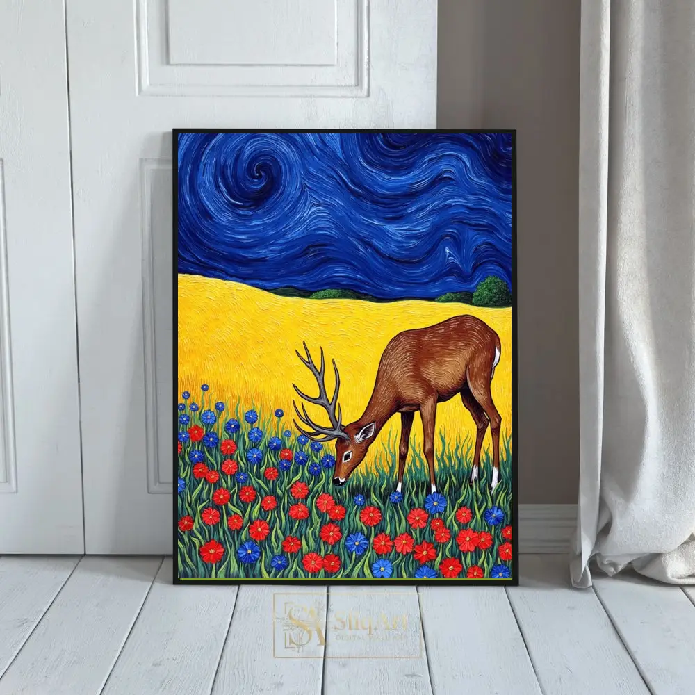 Impressionist Deer in Wildflower Field Canvas Wall Art