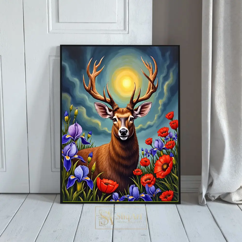 Majestic Deer Canvas Art - Vibrant Floral Wildlife Wall Decor