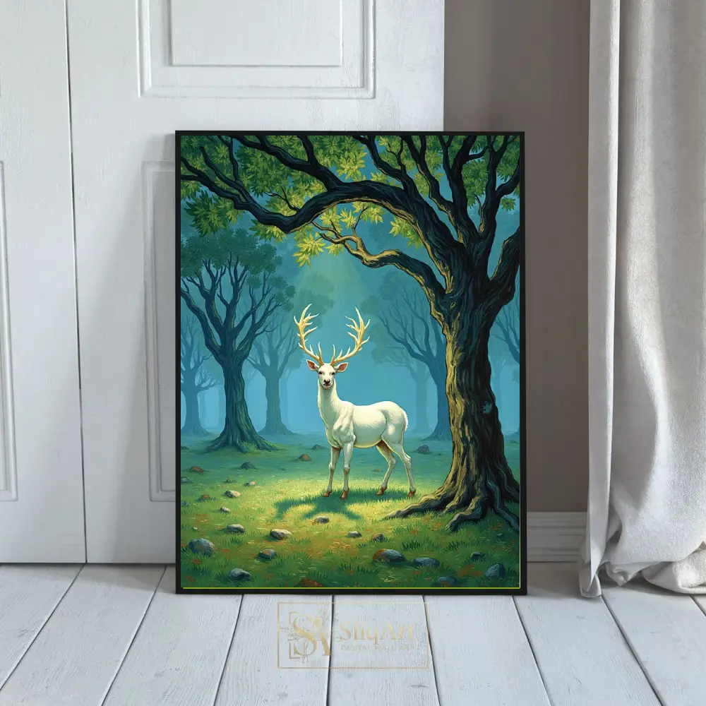 Majestic White Stag in Enchanted Forest Canvas Art