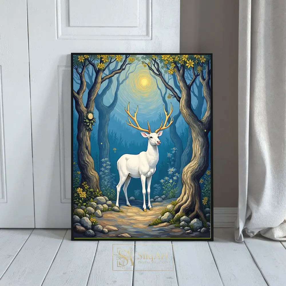 White Stag in Enchanted Blue Forest Art Print