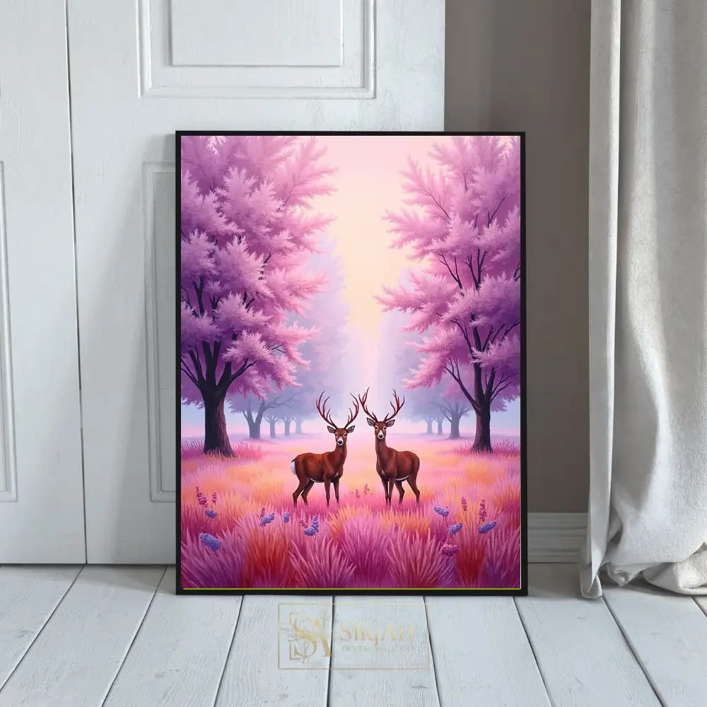 Enchanting Pink Forest Stags - Whimsical Nature Canvas Art