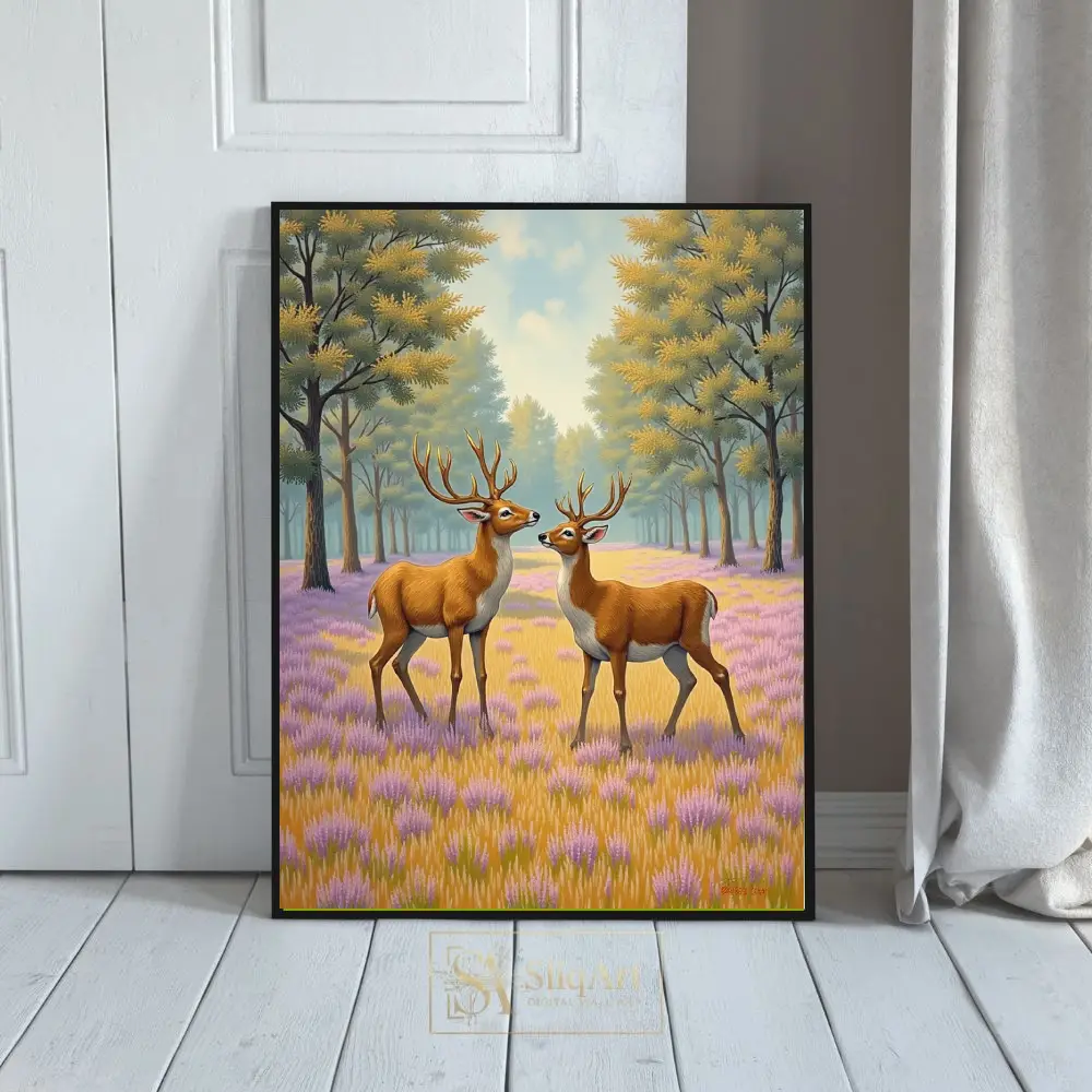 Deer in Lavender Forest Art Print - Whimsical Nature Canvas