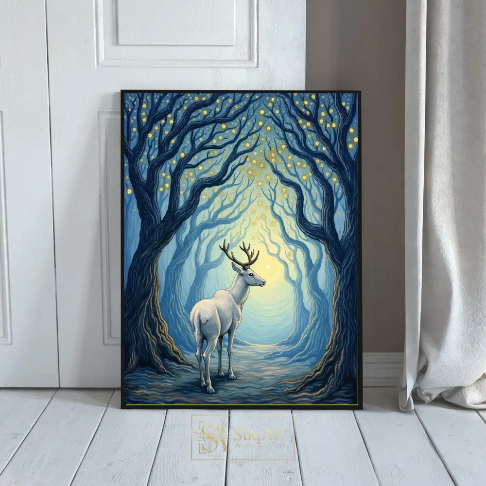Celestial White Stag Canvas Art - Mystical Enchanted Forest Wall Decor
