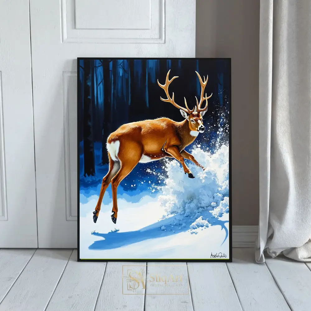 Majestic Deer Leaping Through Snow Canvas Print - Wildlife Wall Art