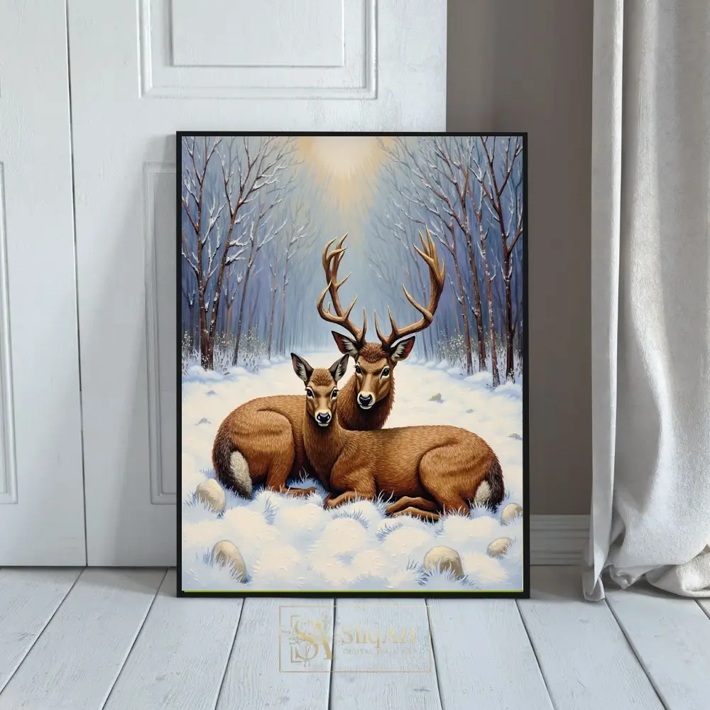 Peaceful Winter Deer Couple Wall Art - Majestic Stag and Doe in Snow