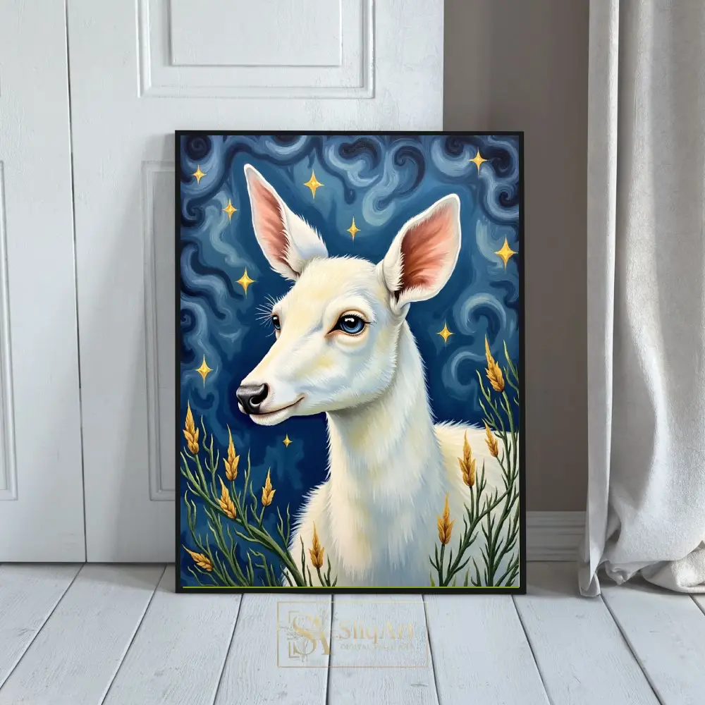 Celestial White Deer Wall Art - Whimsical Starry Night Portrait