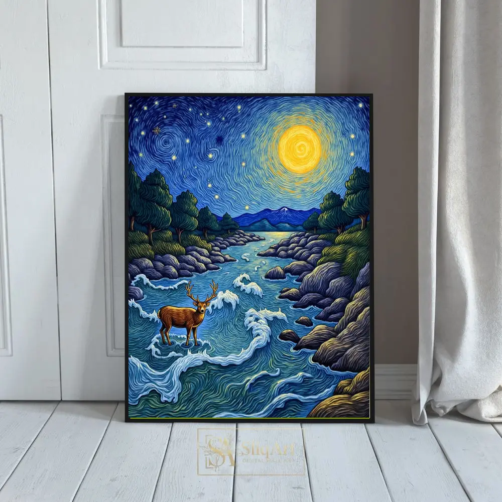 Celestial River Stag Post-Impressionist Canvas Art