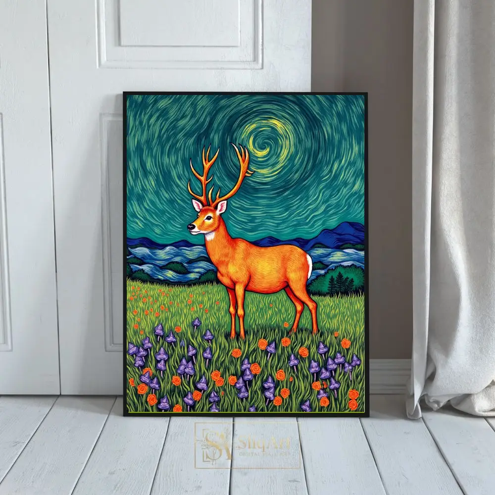 Vibrant Van Gogh Inspired Deer Meadow Canvas Art