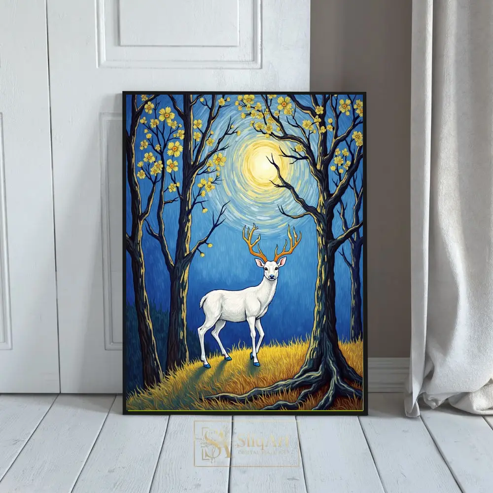 Whimsical White Deer Night Canvas Wall Art - Van Gogh Style Forest Decor