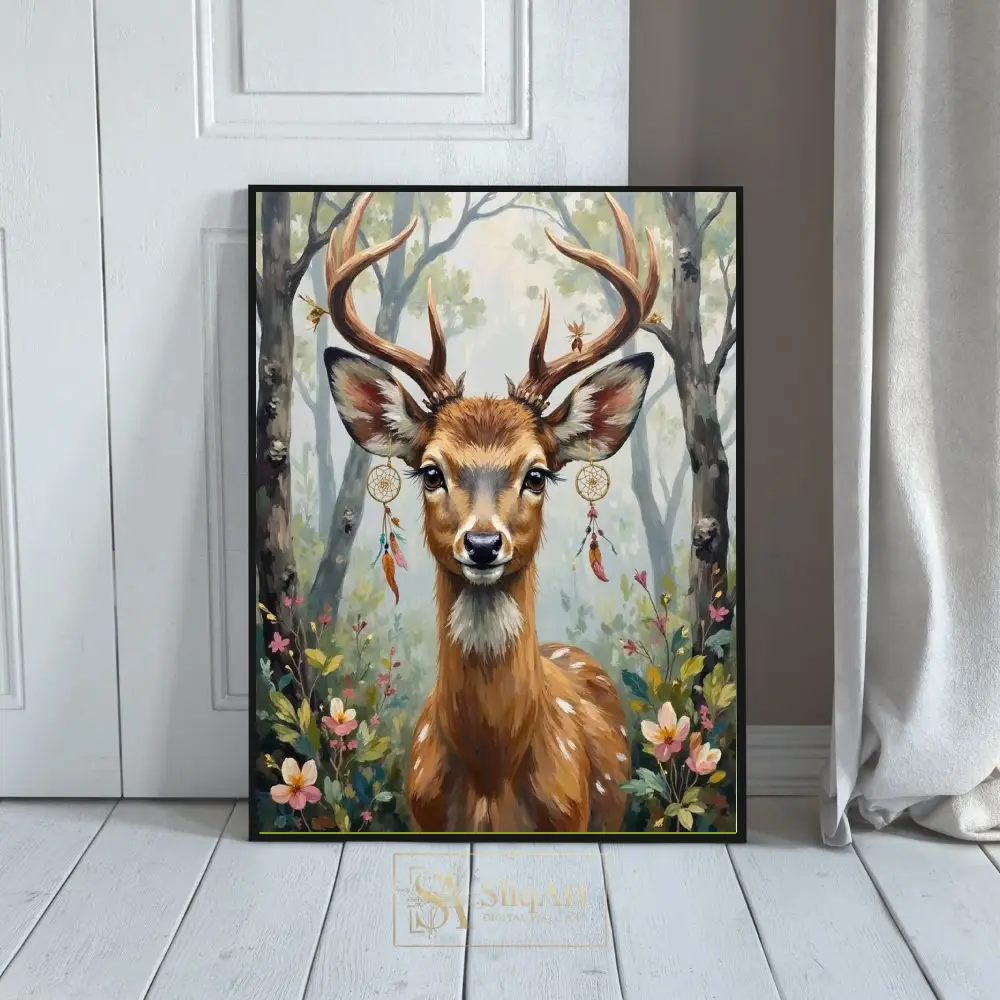 Whimsical Boho Deer Art Print - Enchanted Forest Dreamcatcher Buck