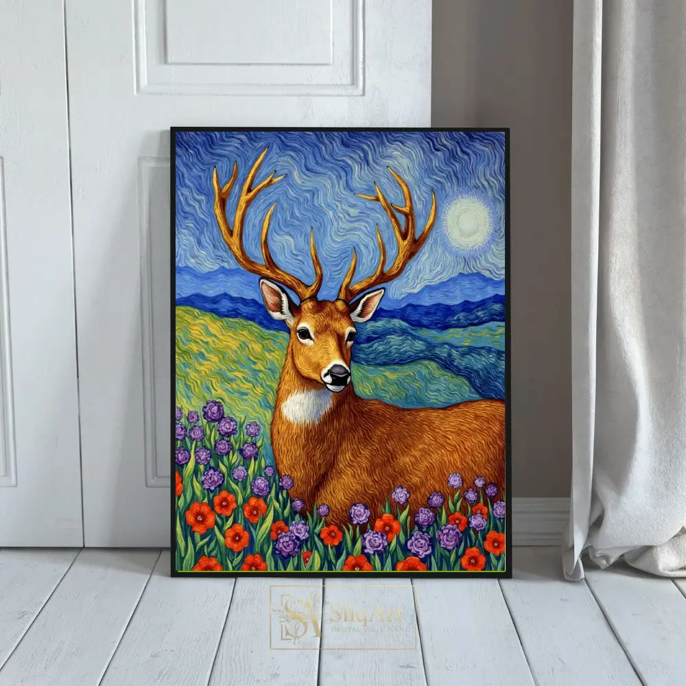 Van Gogh Inspired Deer Art - Majestic Buck Wildlife Canvas