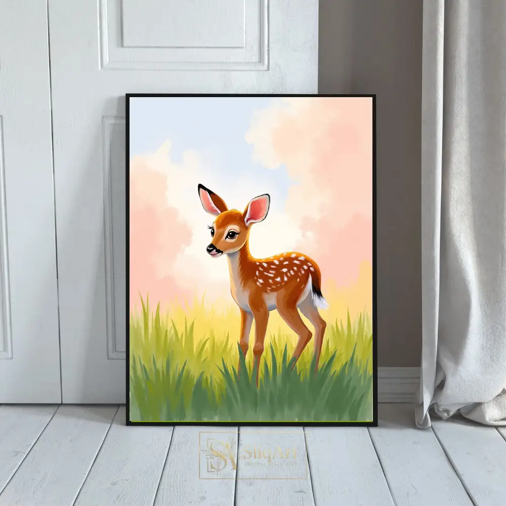 Cute Fawn in Pastel Meadow Digital Art - Whimsical Woodland Decor