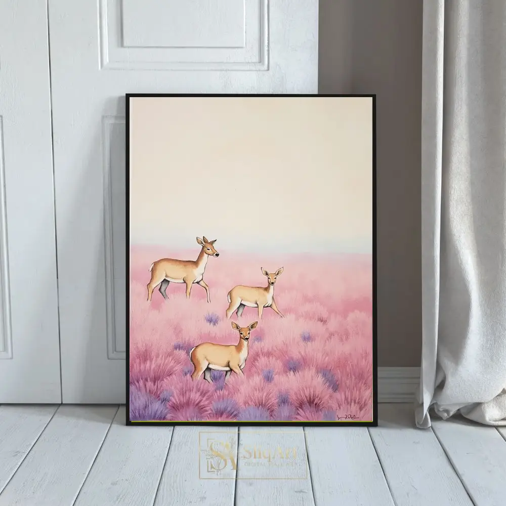 Dreamy Pink Meadow Deer - Whimsical Nature Canvas Art