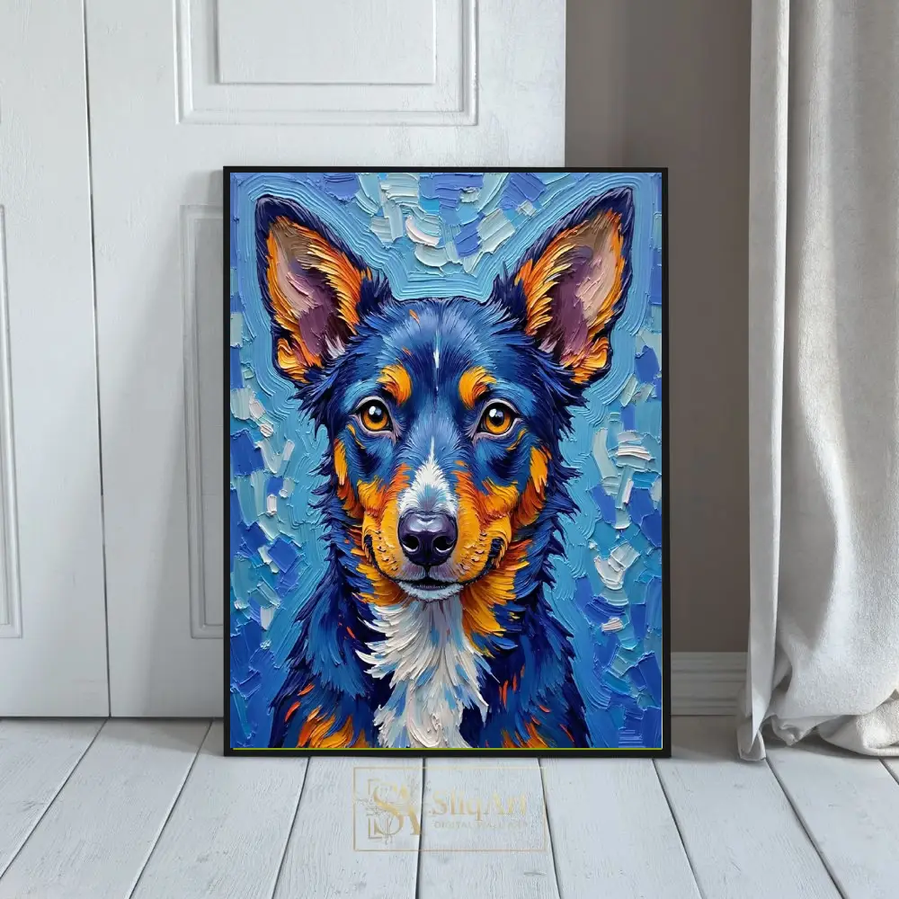 Vibrant Blue and Orange Dog Portrait - Impasto Style Animal Art