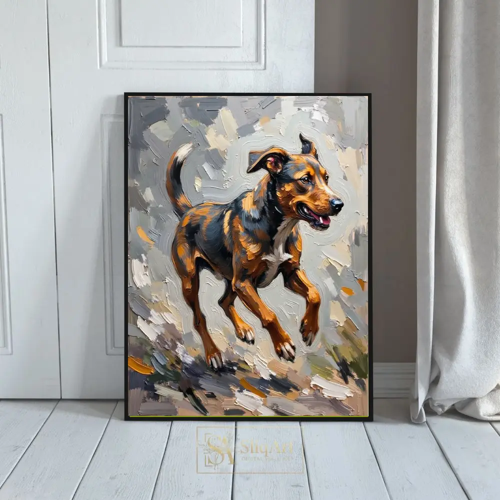 Impasto Running Dog Canvas Art - Energetic Canine Oil Painting