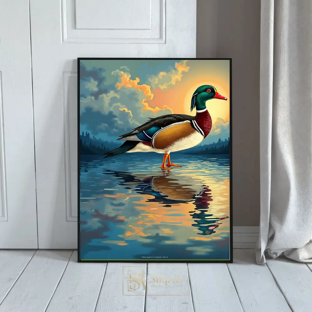 Vibrant Wood Duck at Sunset Wall Art - Modern Wildlife Illustration
