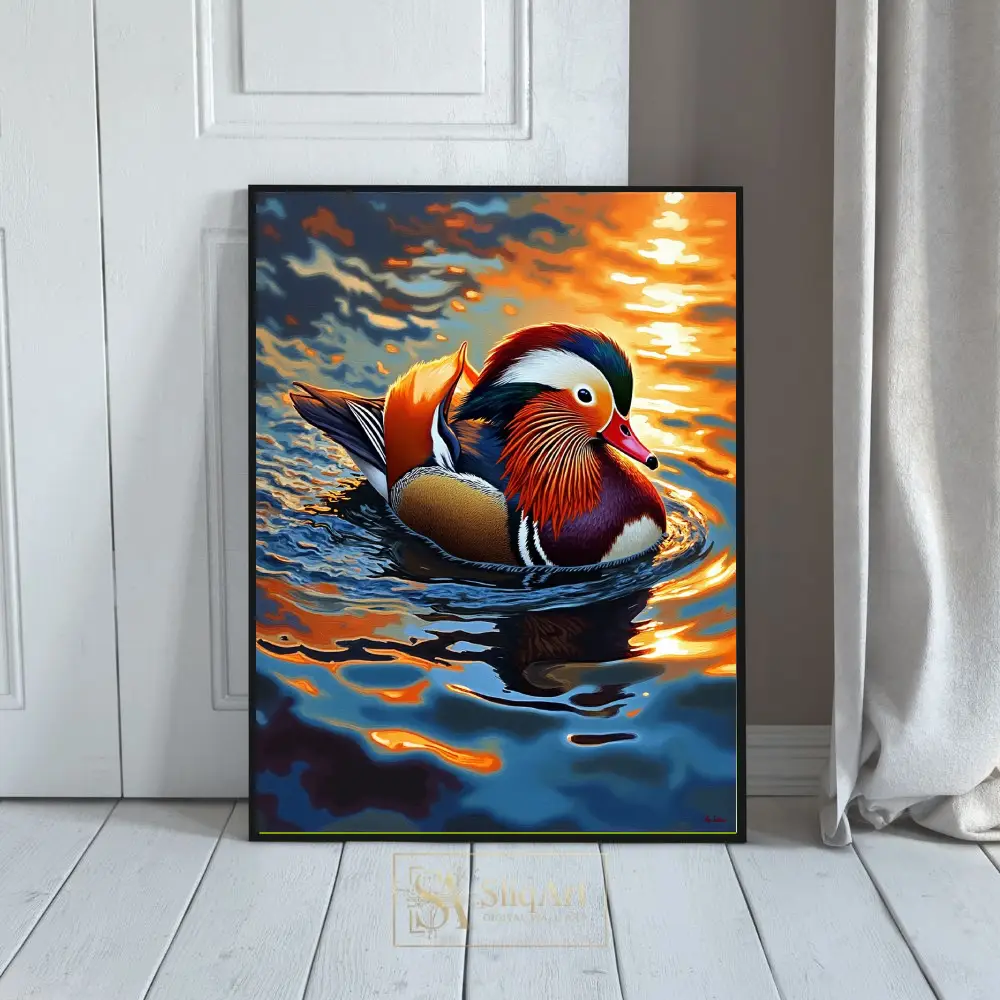Vibrant Mandarin Duck at Sunset Art Print | Colorful Nature Wall Decor