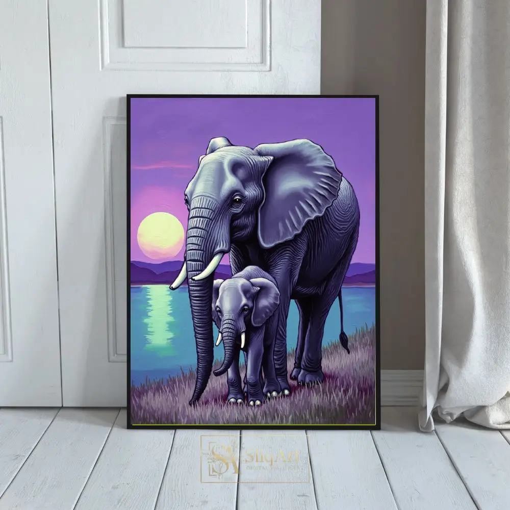 Majestic Purple Sunset Elephant Family - Mother and Calf Wildlife Canvas