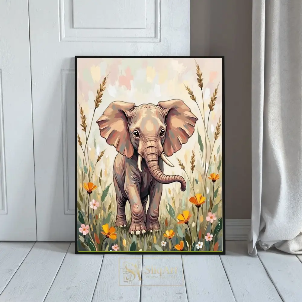 Whimsical Baby Elephant Canvas Art - Gentle Wildlife Nature Painting