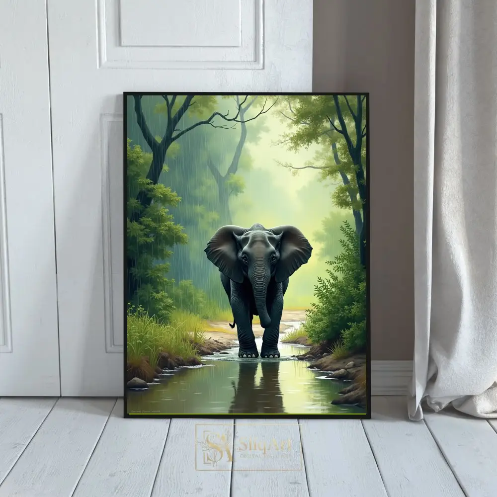 Majestic Elephant in Rainy Forest Stream - Wildlife Canvas Art