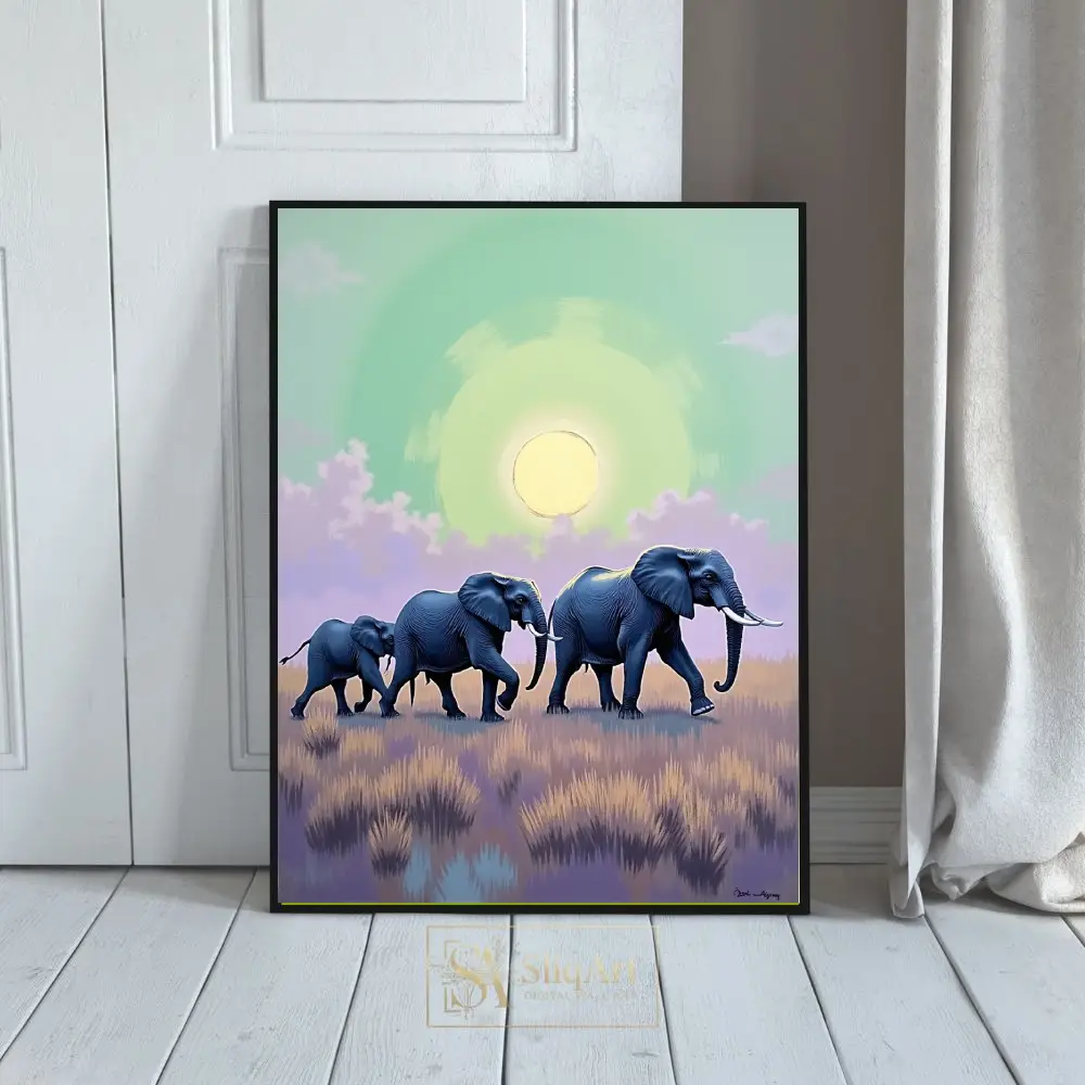 Elephant Family Savanna Sunset Art - Dreamy Pastel Canvas