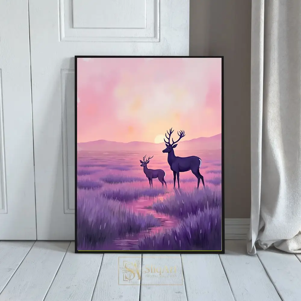 Ethereal Deer in Lavender Field Sunset Wall Art