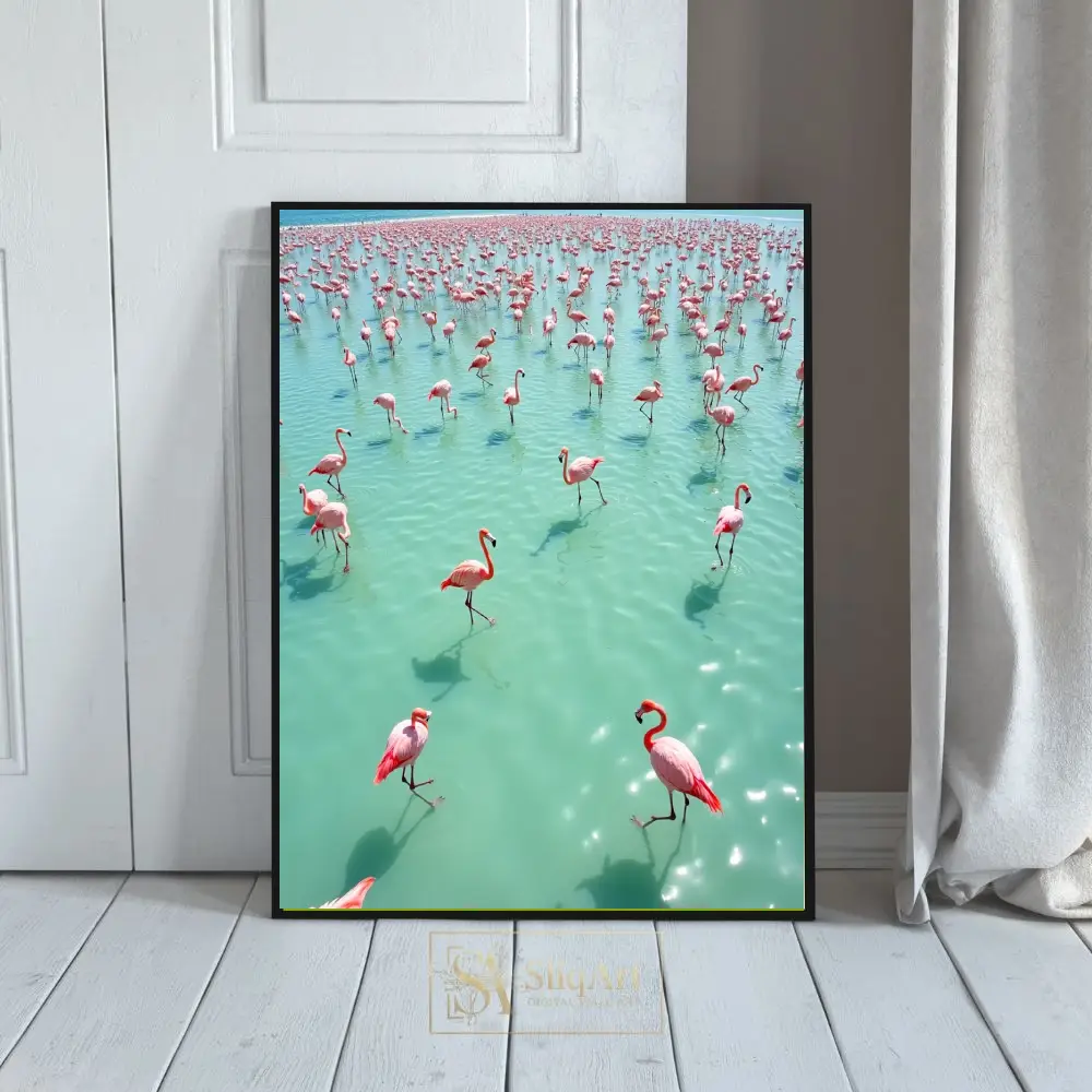 Vibrant Pink Flamingo Flock in Turquoise Water Wall Art