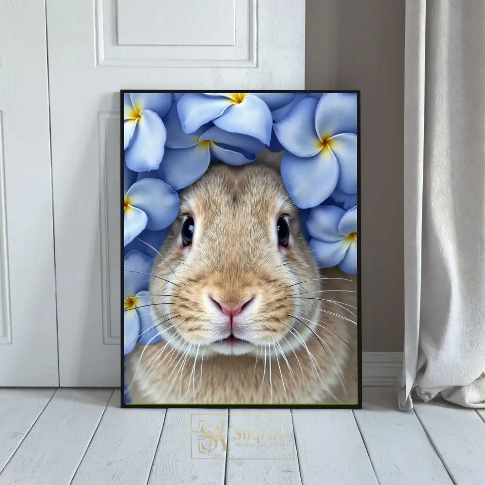 Whimsical Rabbit Portrait with Sky Blue Flowers Wall Art