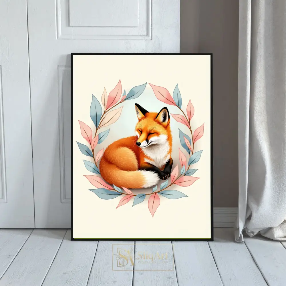 Serene Sleeping Fox Illustration - Whimsical Forest Wall Art