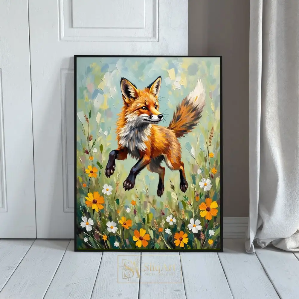 Vibrant Red Fox in Wildflower Meadow - Impressionist Wildlife Canvas Art